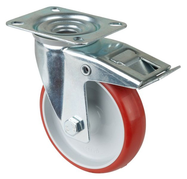 Rouleau de transport BS rollers avec frein, largeur 32 mm, Ø125 mm, jusqu'à 150 kg, polyuréthane rouge, roulement à rouleaux, plaque, lot de 2, L420.B31.125