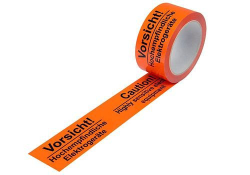 Ruban adhésif d'avertissement DENIOS, PP, impression Appareils électriques très sensibles, en orange d'avertissement, 50 mm de large x 66 m, paquet : 12 rouleaux, 299576