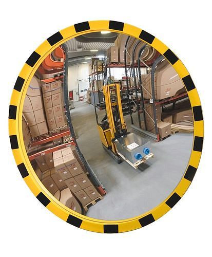 Miroir industriel Eucryl G800, en verre acrylique antichoc, cadre noir/jaune, rond, Ø 800 mm, 165540