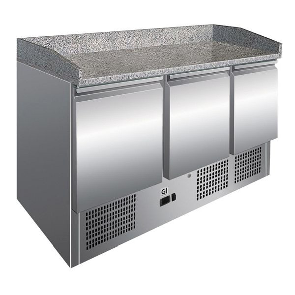 Table réfrigérée Gastro-Inox en acier inoxydable avec 3 portes et plan de travail en marbre, refroidissement par convection, capacité nette 400 litres, 202.008