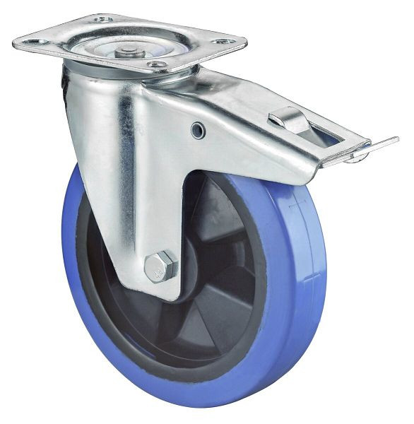 Rouleau de transport BS rollers avec frein, largeur 50 mm, Ø125 mm, jusqu'à 300 kg, pneus élastiques bleus, corps de roue en plastique, roulement à rouleaux, LSS420.B61.125