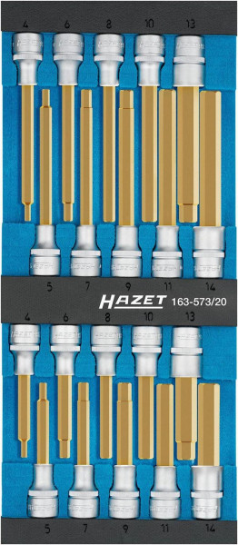Jeu de douilles tournevis Hazet, carré creux 12,5 mm (1/2 pouce), profil à six pans creux, 4 - 14, nombre d'outils : 20, 163-573/20