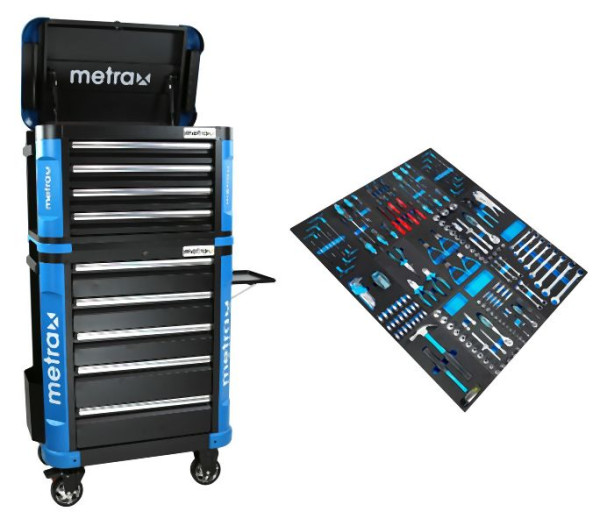Chariot d'atelier Metra avec accessoire, rempli, 9 tiroirs, bleu-noir, 999010540