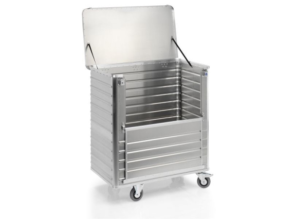Chariot de transport Gmöhling, paroi longitudinale pliable, avec couvercle + serrures, G®-TRANS D 3508 / 1050 l, aluminium, 220350833