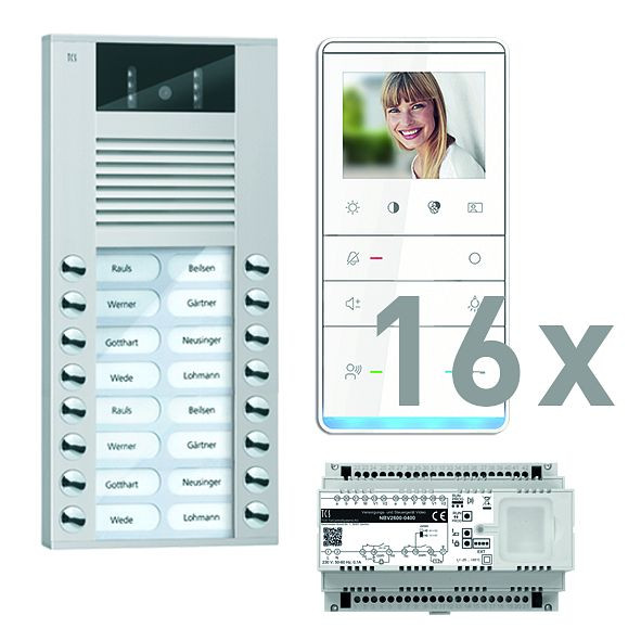 Vidéo commande de porte TCS : pack AP pour 16 logements, avec platine de rue AVE 16 boutons de sonnerie, 16x haut-parleur mains libres vidéo IVW5111, commande, PVE16160-0010