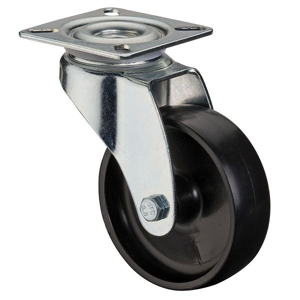Rouleau d'appareil BS rollers, plaque, largeur de roue 23 mm, roue Ø 75 mm, capacité de charge 50 kg, plastique noir, roulement lisse, lot de 8, A300.A90.075