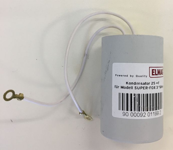 Condensateur ELMAG 25 µF pour modèle SUPER-FOX 3, longueur : 70 mm (y compris câble avec œillets) DM : 45 mm, 9201199