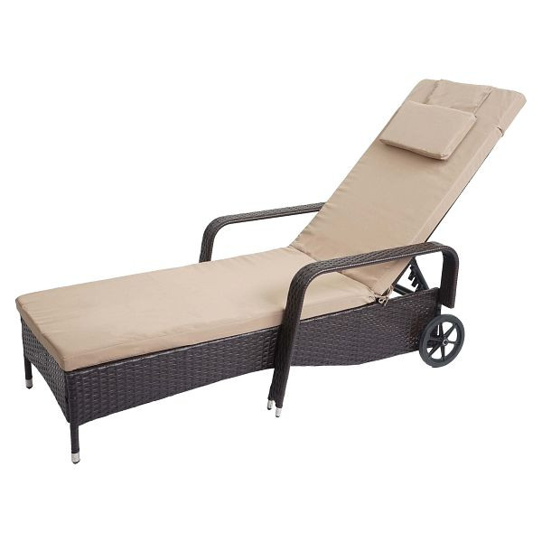 Chaise longue en rotin Mendler Carrara, chaise longue de relaxation, chaise longue de jardin, aluminium, marron, coussins beiges, 53216