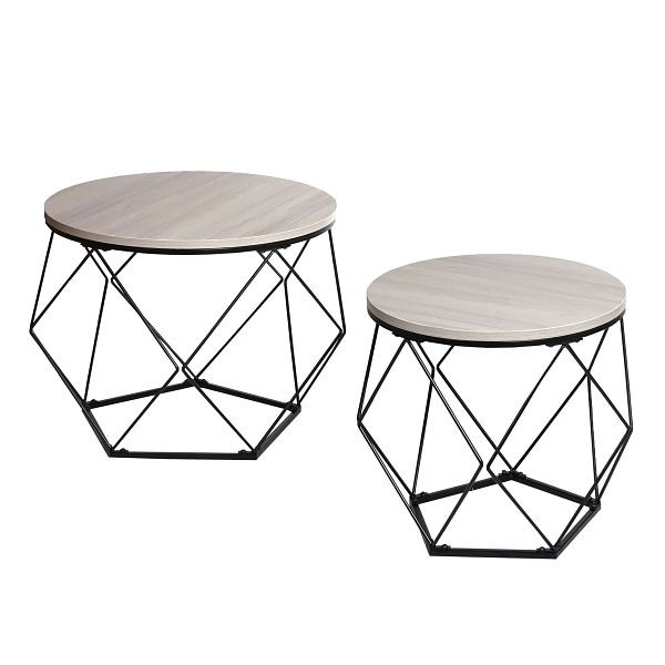Ensemble de table basse Mendler HWC-L37, table basse table d'appoint table de salon, bois métal, aspect gris chêne, 98466