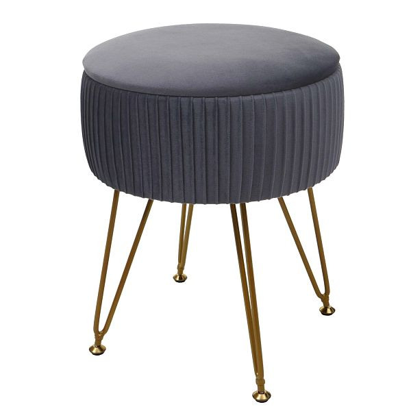 Tabouret Mendler HWC-K47, tabouret avec compartiment de rangement, Ø 33cm, aspect velours, gris clair, cadre or, 94406