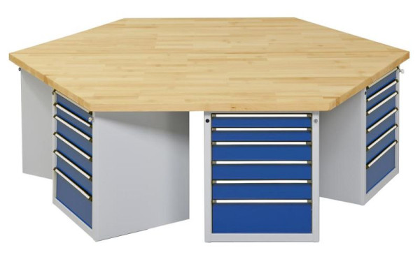 Établi de groupe hexagonal ANKE; 6 lieux de travail; 2340x2700 mm; RAL 7035/5010; Plateau en hêtre massif 50 mm; Longueur de bord 1350 mm, modèle 605 VG