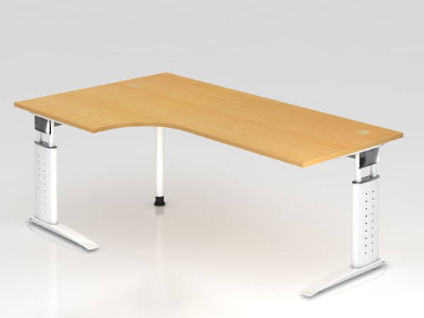 Table d'angle Hammerbacher pied C 200x120cm 90° hêtre/blanc, forme d'angle 90°, peut être montée à gauche ou à droite, hauteur de travail 68-86 cm, VUS82/6/W