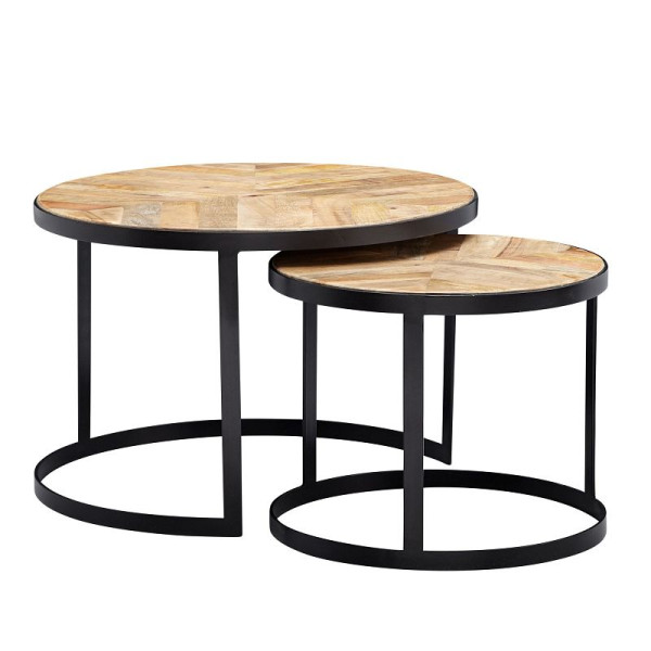 Wohnling – lot de 2 tables basses rondes industrielles en bois massif/métal, avec pieds en métal noir, WL6.347