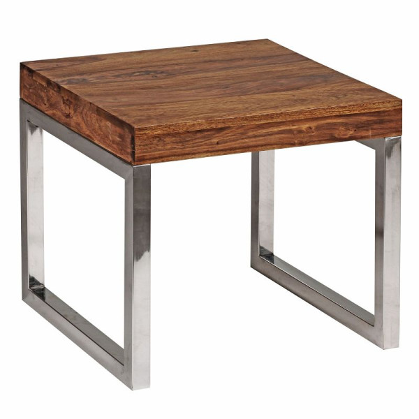 Wohnling table d'appoint GUNA 45 x 40 x 45 cm en bois massif de Sesham structure en métal style maison de campagne, marron foncé naturel, WL1.310