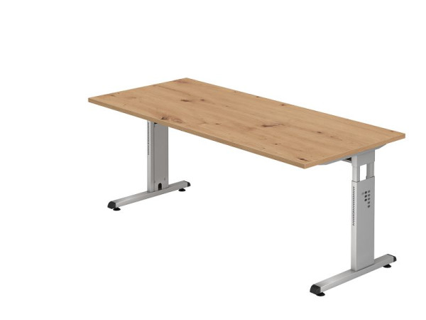 Bureau Hammerbacher OS19, 180 x 80 cm, plateau : chêne noueux, épaisseur 25 mm, chant ABS 2 mm, forme rectangulaire, argent, VOS19/R/S