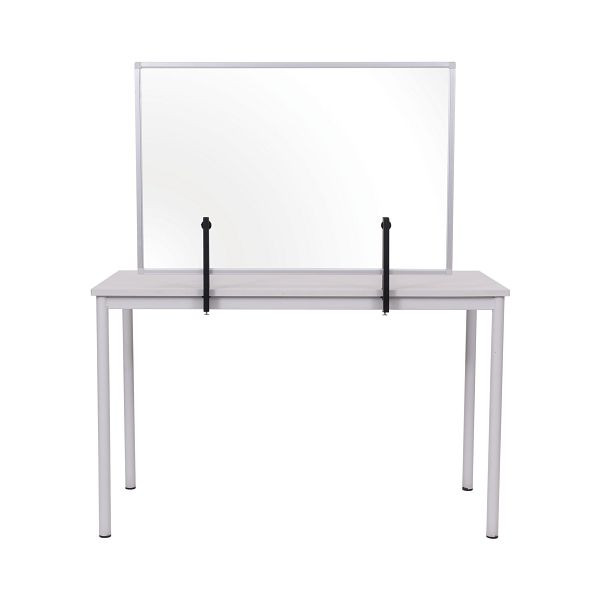 Cloison Bi-Office, panneau acrylique anti-éclaboussures avec clips métalliques à fixer à la table, avec cadre en aluminium argenté, 90x60cm, AC03019101