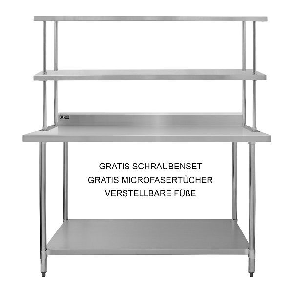 Table de travail restauration KuKoo et double étagère, inox 150 cm, 26995