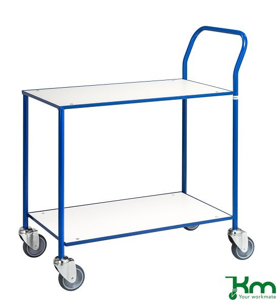 Kongamek Petit chariot de table, entièrement soudé, 840 x 430 x 970 mm, blanc / bleu, 4 roulettes pivotantes, KM373-6