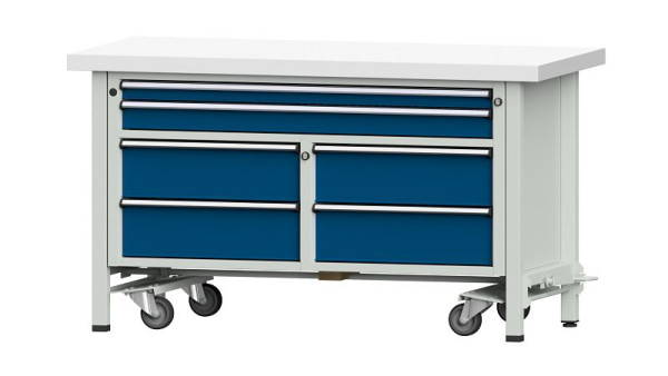 Établis ANKE Établi en caisson, modèle 255 V, 1500 x 700 x 850 mm, RAL 7035/5010, KSP 50 mm, avec dispositif mobile abaissable, 304.211