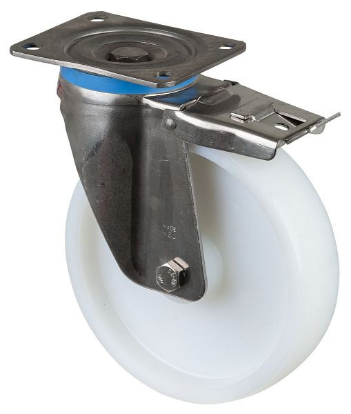 Roulettes pivotantes pour charges lourdes en acier inoxydable avec frein, acier inoxydable, roue en plastique, roulement lisse, plaque à visser 200 mm 450 kg, HS120.A90.201