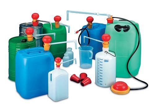 Pompe manuelle DENIOS OTAL PVC pour acides, 12 l/min, avec tuyau et robinet, 179-488