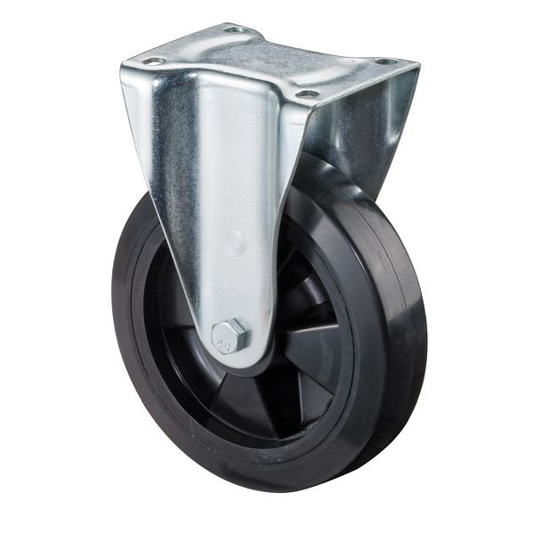BS Rolls Roulette robuste, roulette fixe, largeur de roue 50 mm, Ø roue 200 mm, capacité de charge 350 kg, bandages élastiques noirs, plastique, roulement à rouleaux, N110.B60.200