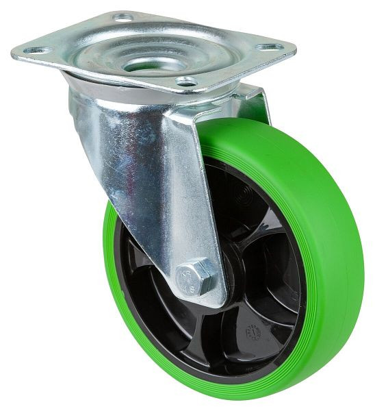 Roulette de transport pivotante BS Rollers, roue en caoutchouc thermoplastique, pneu vert, roulement à rouleaux, plaque, diamètre : 160 mm, pack : 2 pièces, L400.B44.161.04