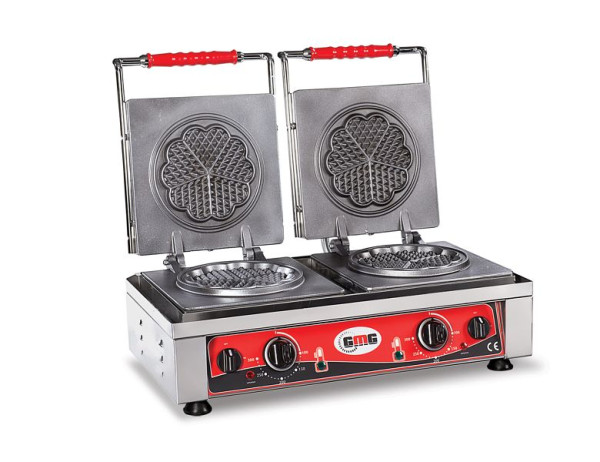 Gaufrier GMG Amore-S, 2x Ø 16 cm, 50° à 300°C, plaque de cuisson fixe en fonte, canal de récupération des graisses sur tout le pourtour, boîtier en acier inoxydable, KGW-21S