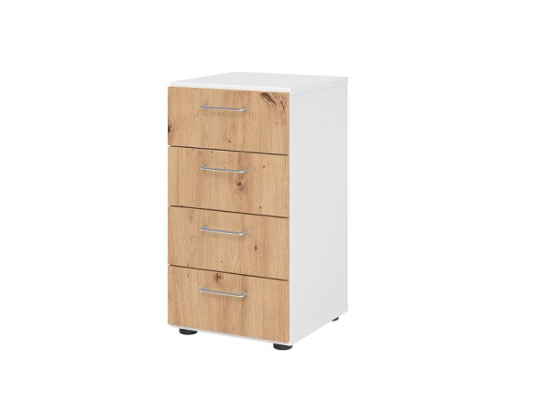 Armoire à tiroirs Hammerbacher 2OH, 4 tiroirs 924S4 BS, corps : blanc / façade : chêne noueux, 40x41,7x74,8 cm (LxPxH), 4 tiroirs, poignée en métal, V924S4/W/R/BS