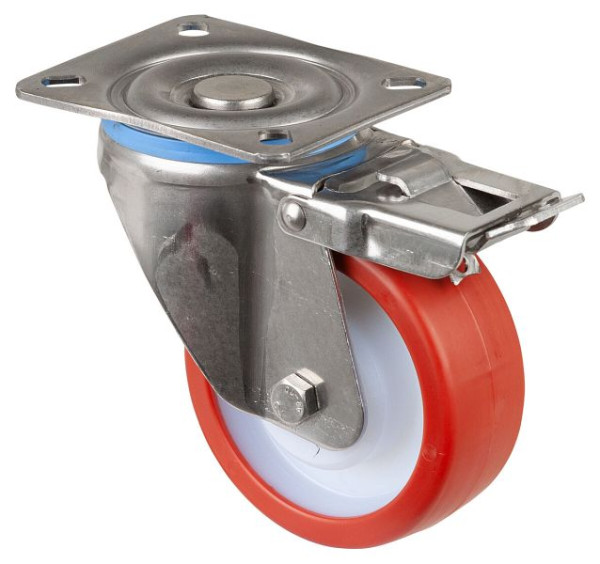 Roulettes BS Roulette robuste en acier inoxydable avec frein, B40 mm, Ø100 mm, jusqu'à 300 kg, surface polyuréthane rouge, roulement à rouleaux, HS120.B28.100