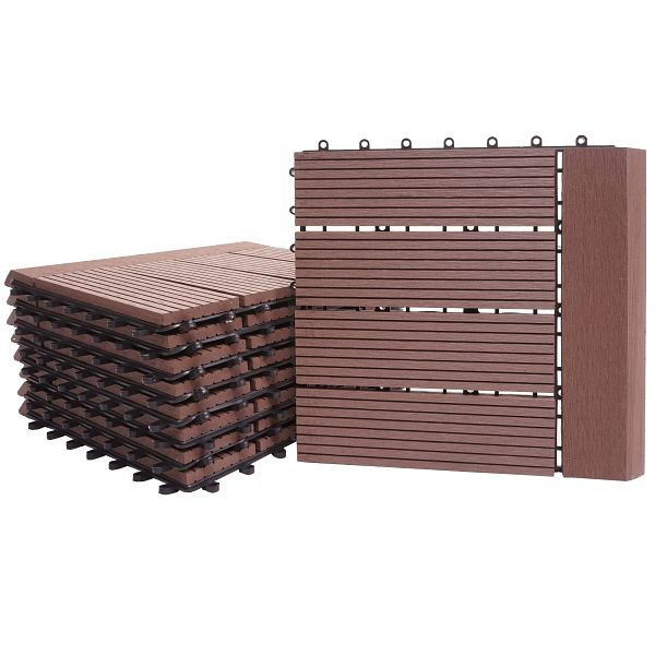 Carrelage de sol Mendler WPC Rhône + finition, aspect bois balcon/terrasse, 11x chaque 30x30cm = 1m² Premium, café linéaire horizontal, 77622