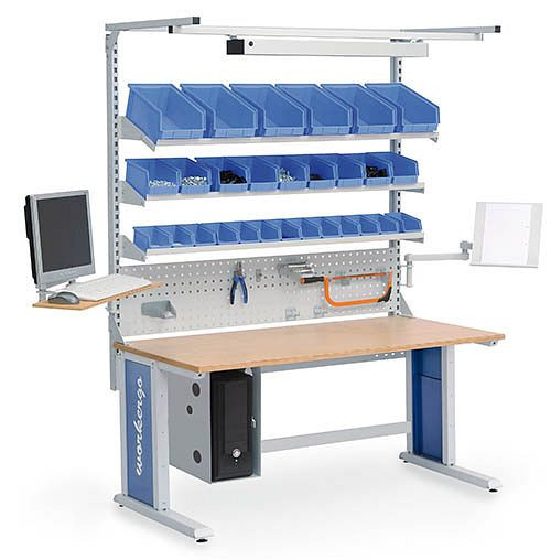 Workergo à structure multi-parois Bedrunka+Hirth avec cadre supérieur, 1x plaque perforée, 3x étagère, 2x bras pivotant, dimensions en mm (LxPxH) : 1500 x 750 x 1250, 4C150-5