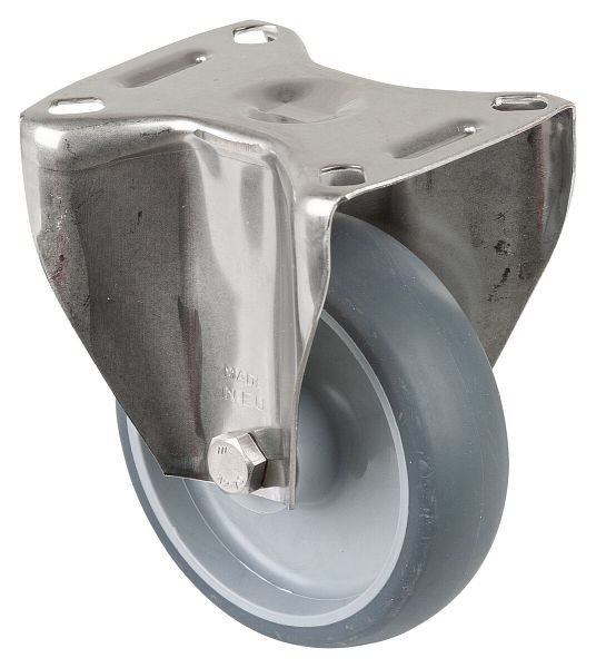 Rouleaux de transport BS rollers inox, rouleau fixe, largeur 30 mm, Ø100 mm, jusqu'à 80 kg, pneus thermoplastiques gris, plastique, palier lisse, plateau, H110.B43.100