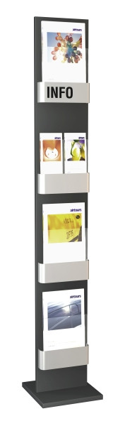 Kerkmann présentoir à brochures First 4 x DIN A4, L 300 x P 300 x H 1750 mm, anthracite/argent, 41659614