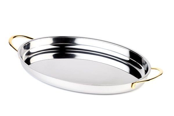 Plat de service/accompagnement APS, 26,5 x 19,5 cm, hauteur : 3 cm, acier inoxydable poli, anses en acier inoxydable doré, 0,8 litre, 60270