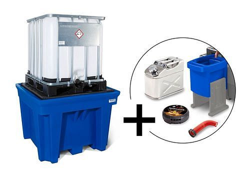 Kit DENIOS classic-line composé de 1 bac de collecte IBC-PE, détecteur de fuites, accessoire récipient de remplissage, rallonge de sortie et bidon, 276649