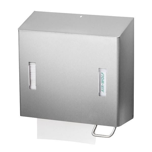 Distributeur de savon et d'essuie-tout Air Wolf, série Omega, H x L x P : 377 x 377 x 163 mm, acier inoxydable revêtu, 29-070