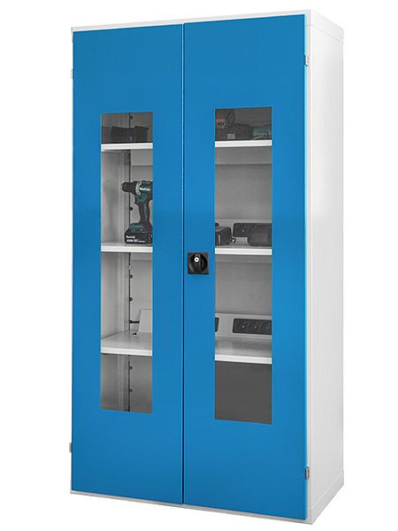 Armoire de chargement de batterie Bedrunka+Hirth avec 1 étagère électronique et portes vitrées, 980 mm, D500 mm, H1838 mm, AKKU106SFA