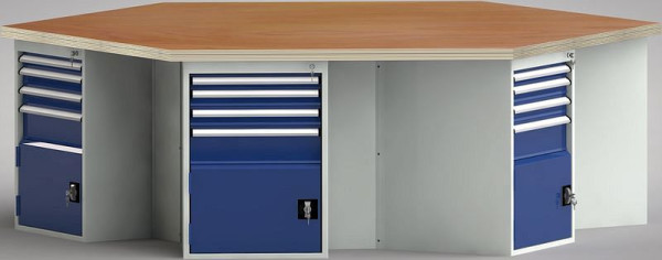Etabli standard KLW de forme hexagonale avec plateau multiplex en hêtre de forme hexagonale 2338 x 2700 x 40 mm L x l x P, WS620N-1350M40-E8016