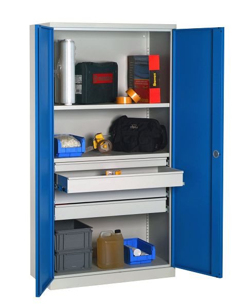 SOFAME meuble d'atelier équipé 1000x500x1950mm, 1 tiroir télescopique 65 + 3 tiroirs télescopiques 100 + 4 étagères, bleu ciel, W030090017GCBI