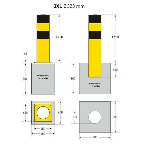 Borne de protection contre les chocs Moravia-3XL, galvanisée à chaud et revêtement jaune-noir, Ø : 323 mm, 311071