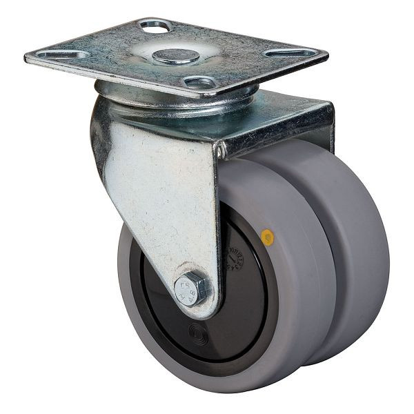 Appareil à rouleaux BS double rouleau, largeur 2x24 mm, Ø75 mm, jusqu'à 80 kg, caoutchouc gris, conducteur d'électricité, roulement à billes, plaque, lot de 2, B100.A89.075