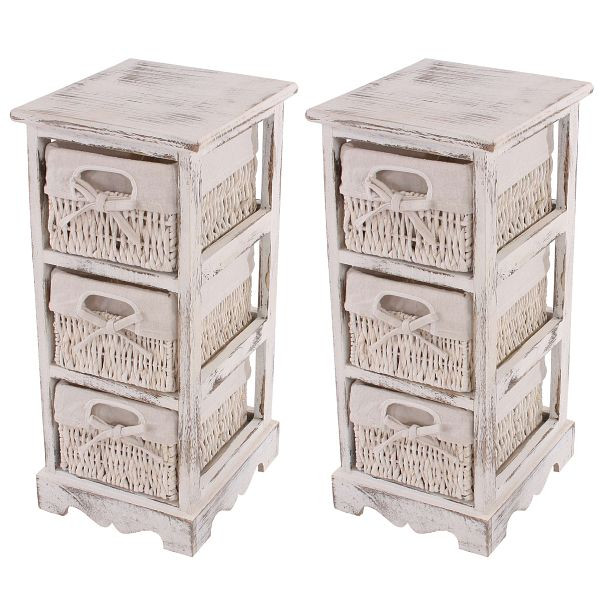 Mendler lot de 2 commodes étagère avec 3 tiroirs panier 58x25x28cm, look shabby, vintage, blanc, 30436