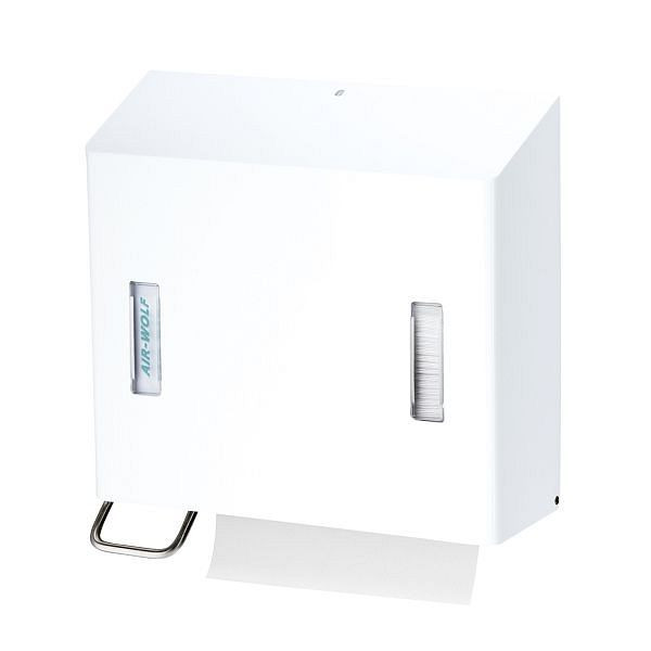 Distributeur de savon mousse et d'essuie-tout Air Wolf, série Omega, H x L x P : 377 x 377 x 163 mm, acier inoxydable blanc, 29-473