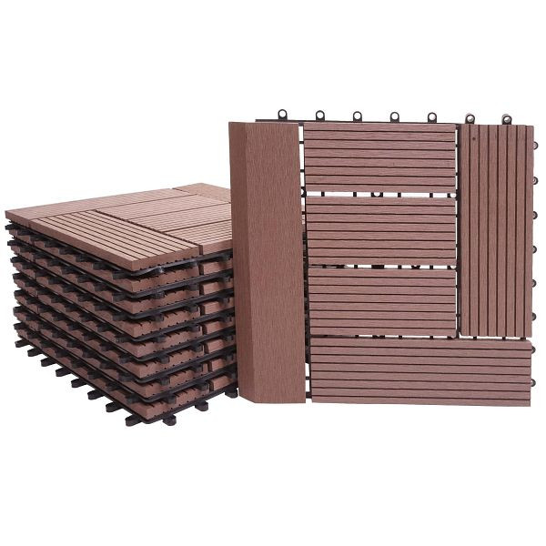 Carrelage de sol Mendler WPC Rhône + finition, balcon/terrasse aspect bois, 11x chaque 30x30cm = 1m² premium, décalage café, 77630