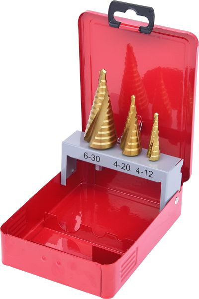 KS Tools Jeu de forets étagés HSS TiN, cassette en tôle d'acier, 3 pièces, 330.2423