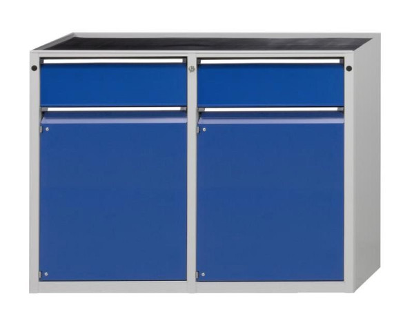 Armoire latérale ANKE; 1280x650x1020 mm; RAL 7035/5010; Plateau en hêtre massif 40 mm; 1 tiroir à gauche; 1 porte 720 mm; Droit 1 tiroir; 1 porte 720 mm
