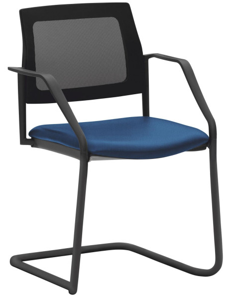 Chaise empilable Mayer Sitzmöbel , structure luge noire, dossier en résille, accoudoirs inclus, bleu, 2519_F3_A_30612