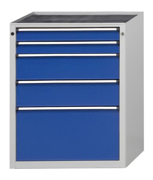 Armoire à tiroirs ANKE; 760 x 675 x 980 mm; RAL 7035/5010; Baignoire avec tapis antidérapant; 5 tiroirs 90, 90, 180, 180, 360 mm, 610.016