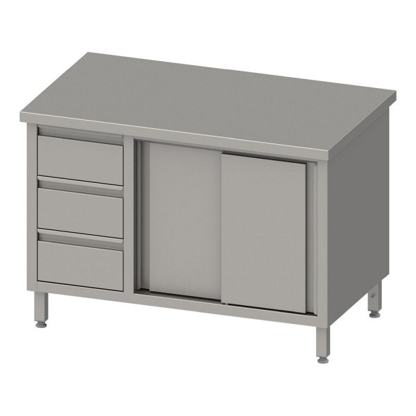 Armoire de travail Stalgast avec portes coulissantes 2000x600x850mm, avec bloc 3 tiroirs à gauche, sans dosseret, soudé, VAS20606L